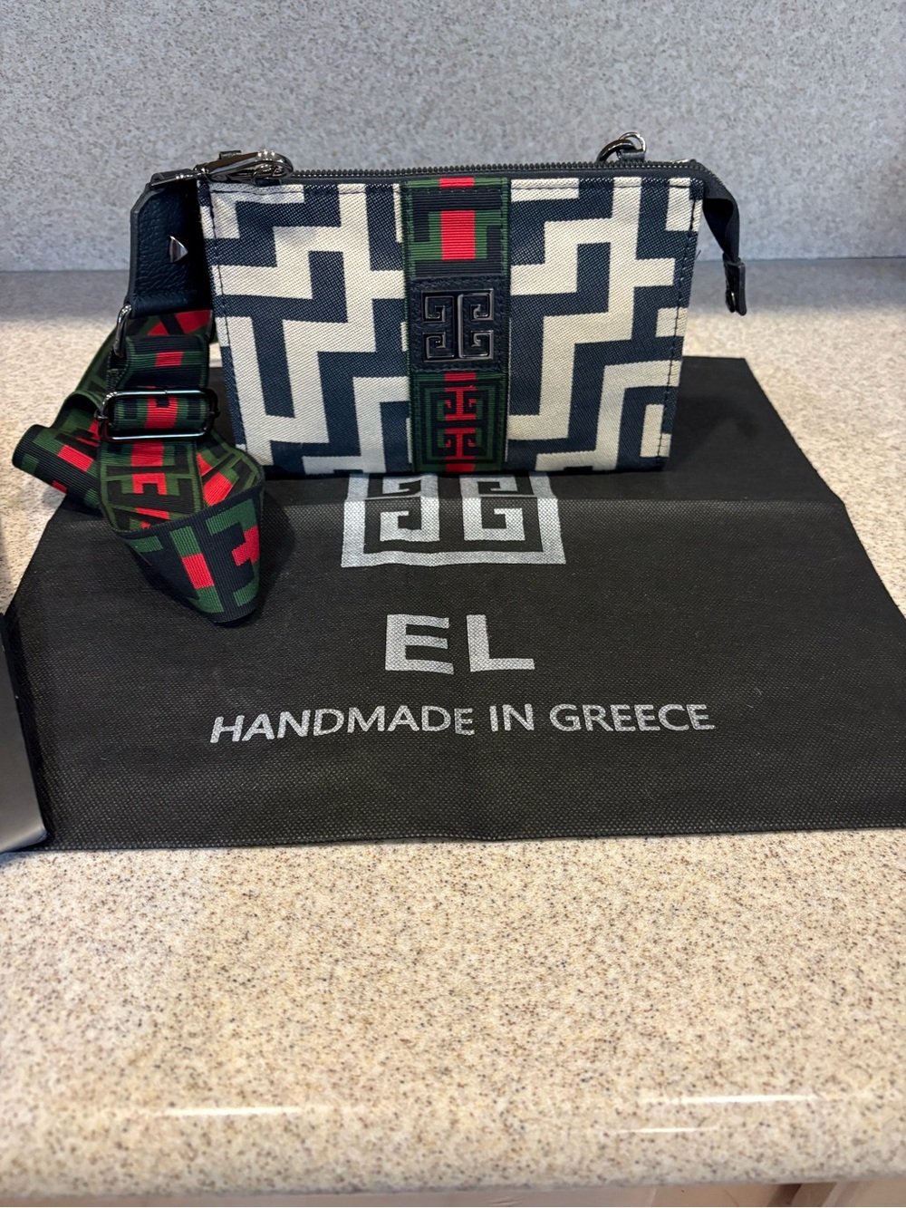 Black & Cream Geometric Canvas Crossbody with Green-Red Accent Strap